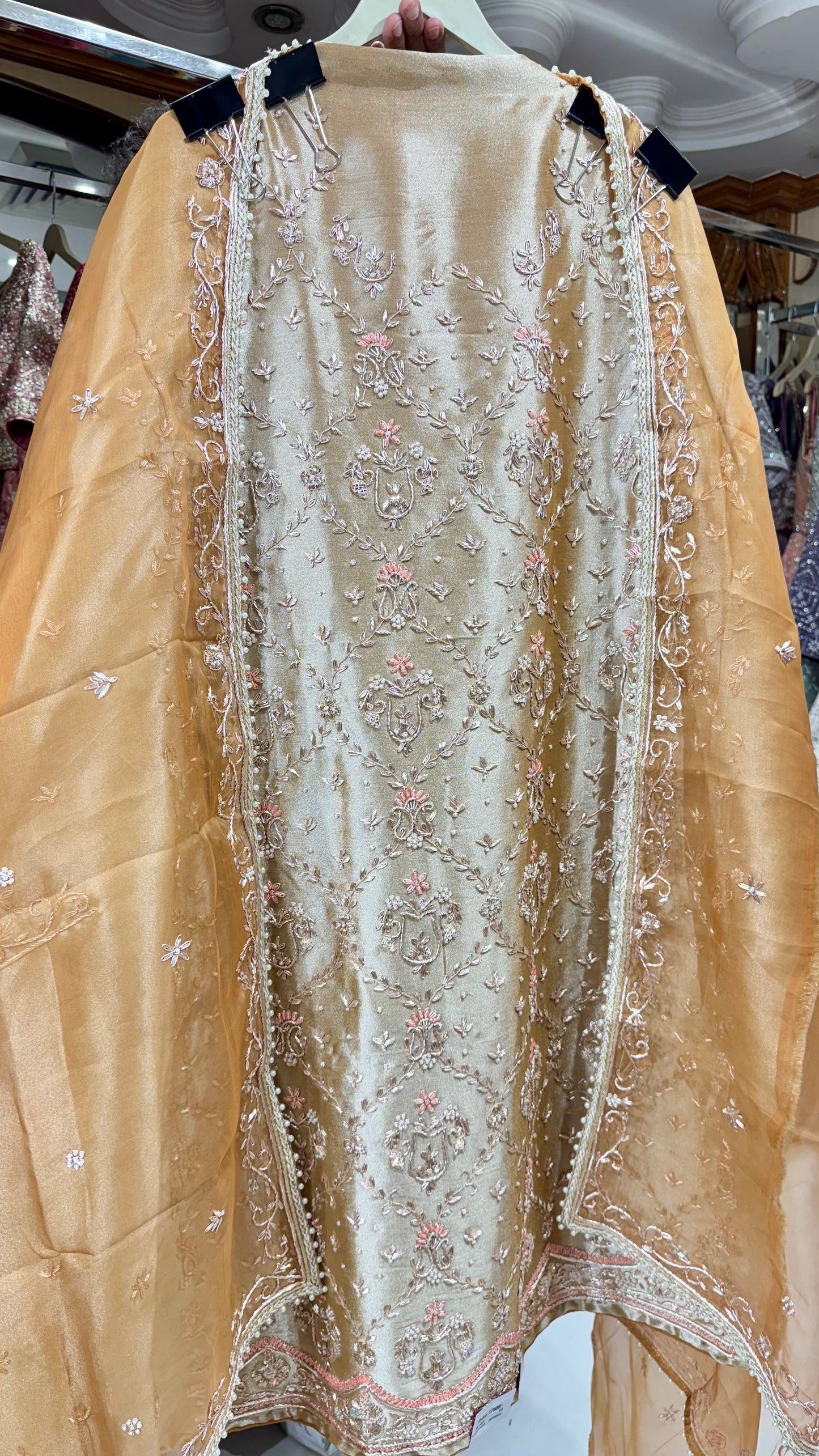Luxury Shimmer Tissue (Jiraf Silk) Unstitched Suit with Dabka ,Zardozi & Pearl Detailing