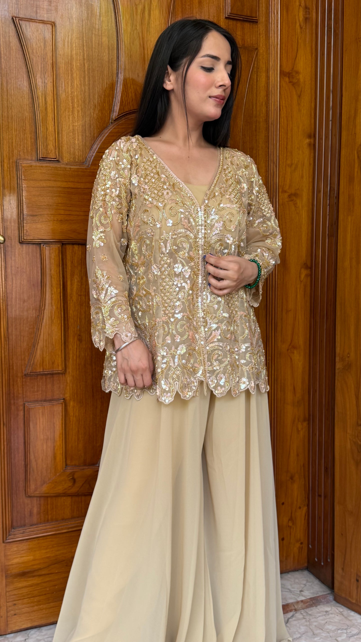 Designer Indo-Western Sharara Set with Embroidered Net Jacket | Pure Georgette Sharara Suit | Cocktail Party Wear | Readymade Free Size Up to 42 Bust