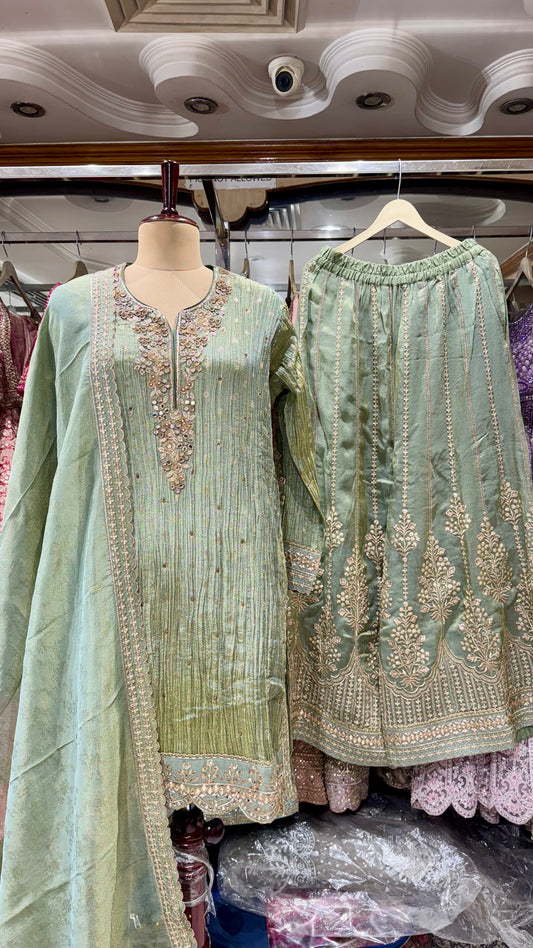 Readymade Pure Tissue Sharara Suit – Free Size (Up to 44” Bust)