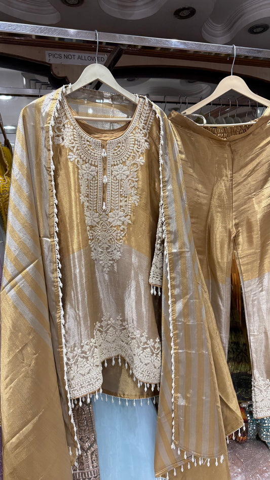 Raw Tissue silk pearls work readymade pants suit