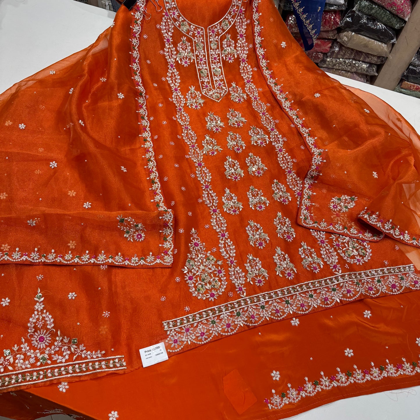 Embroidered Organza Unstitched Suit - Traditional Floral Design with Dupatta (Available in Rust & Royal Blue)