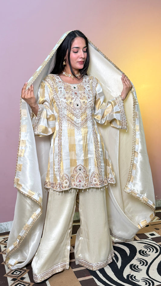 Ivory Gold Pure Tissue A-Line Anarkali with Bell Pants Set