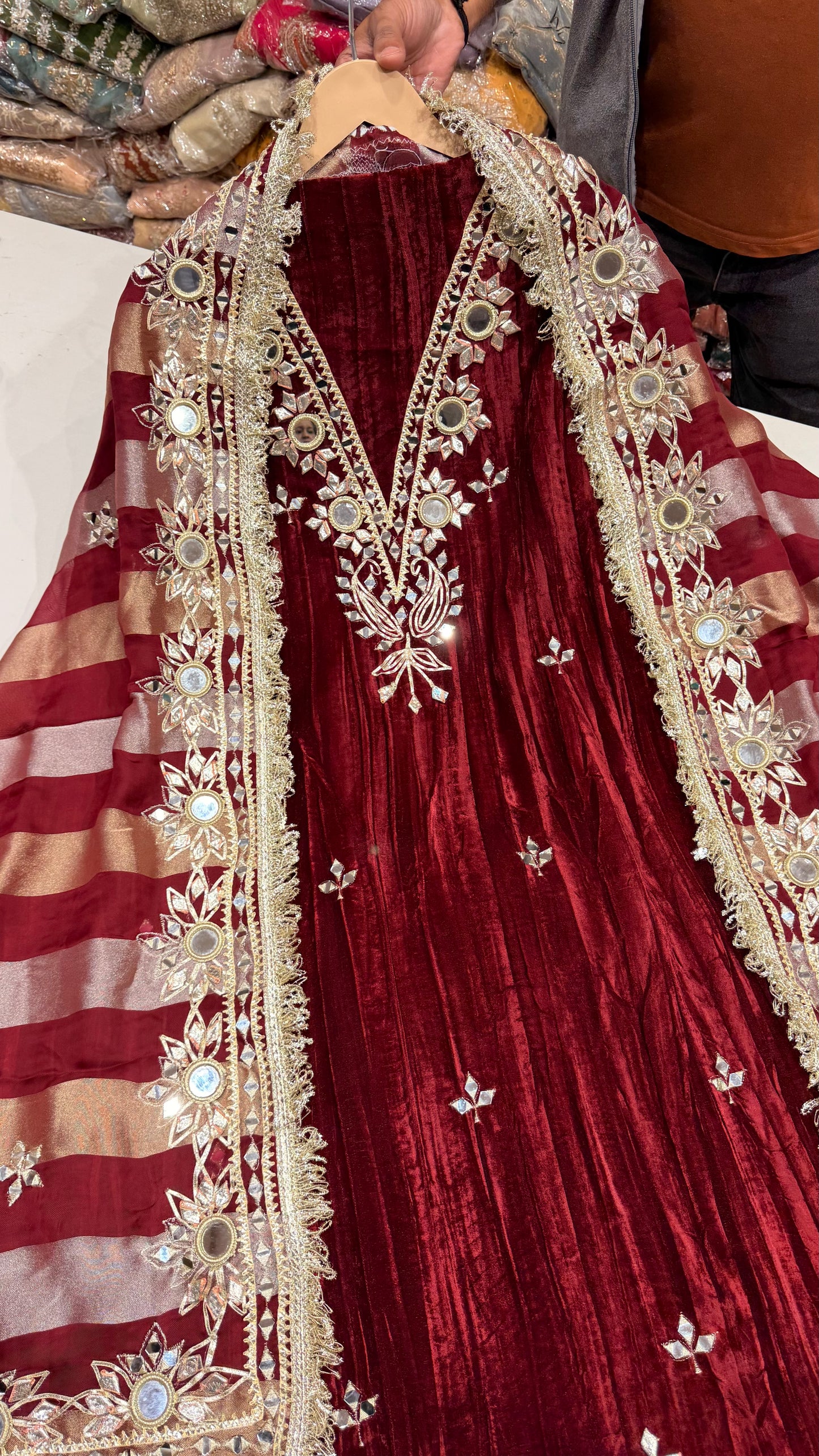 Premium Pure Velvet Unstitched Suit with Gotta Patti & Mirror Work + Tissue Dupatta