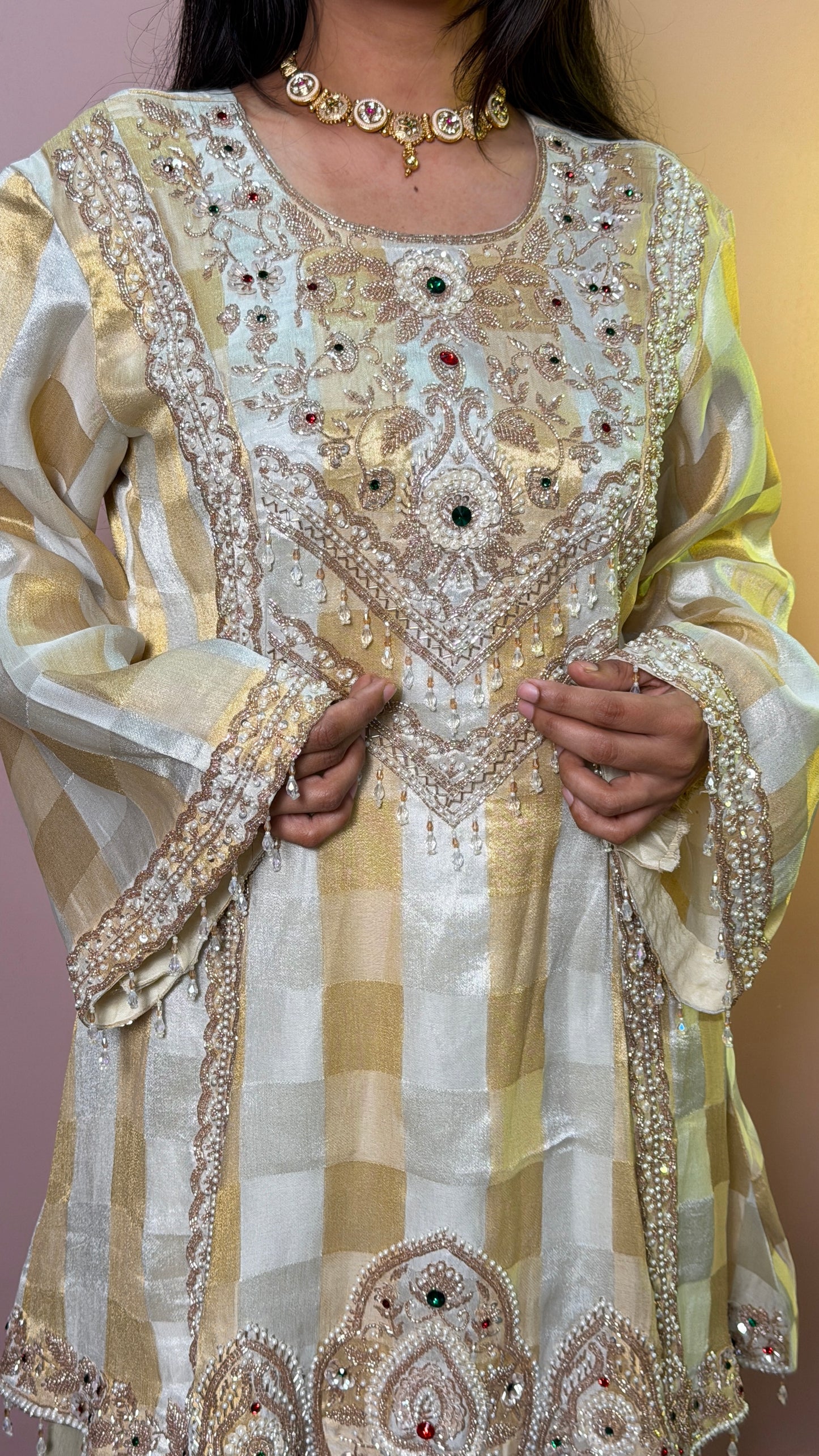 Ivory Gold Pure Tissue A-Line Anarkali with Bell Pants Set