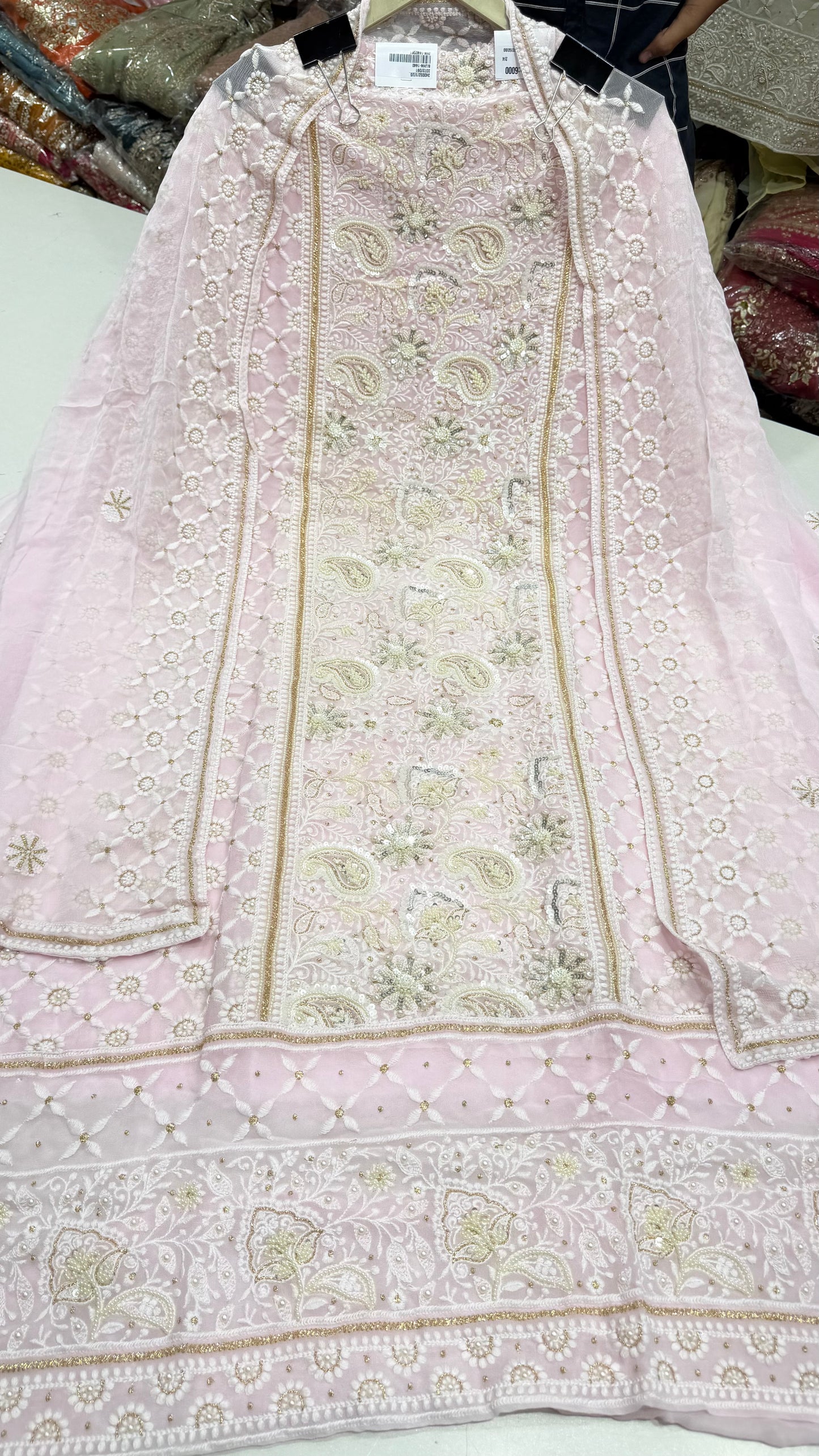 Luxury Unstitched Lakhnavi Pure Georgette Suit | Exclusive Lucknowi Thread, Pearls & Zari Handwork | Designer Georgette Dupatta with Cotton Silk Bottom | Festive Wedding Wear
