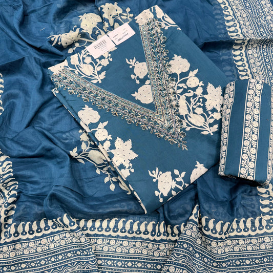 Peacock blue handwork neck printed suit set