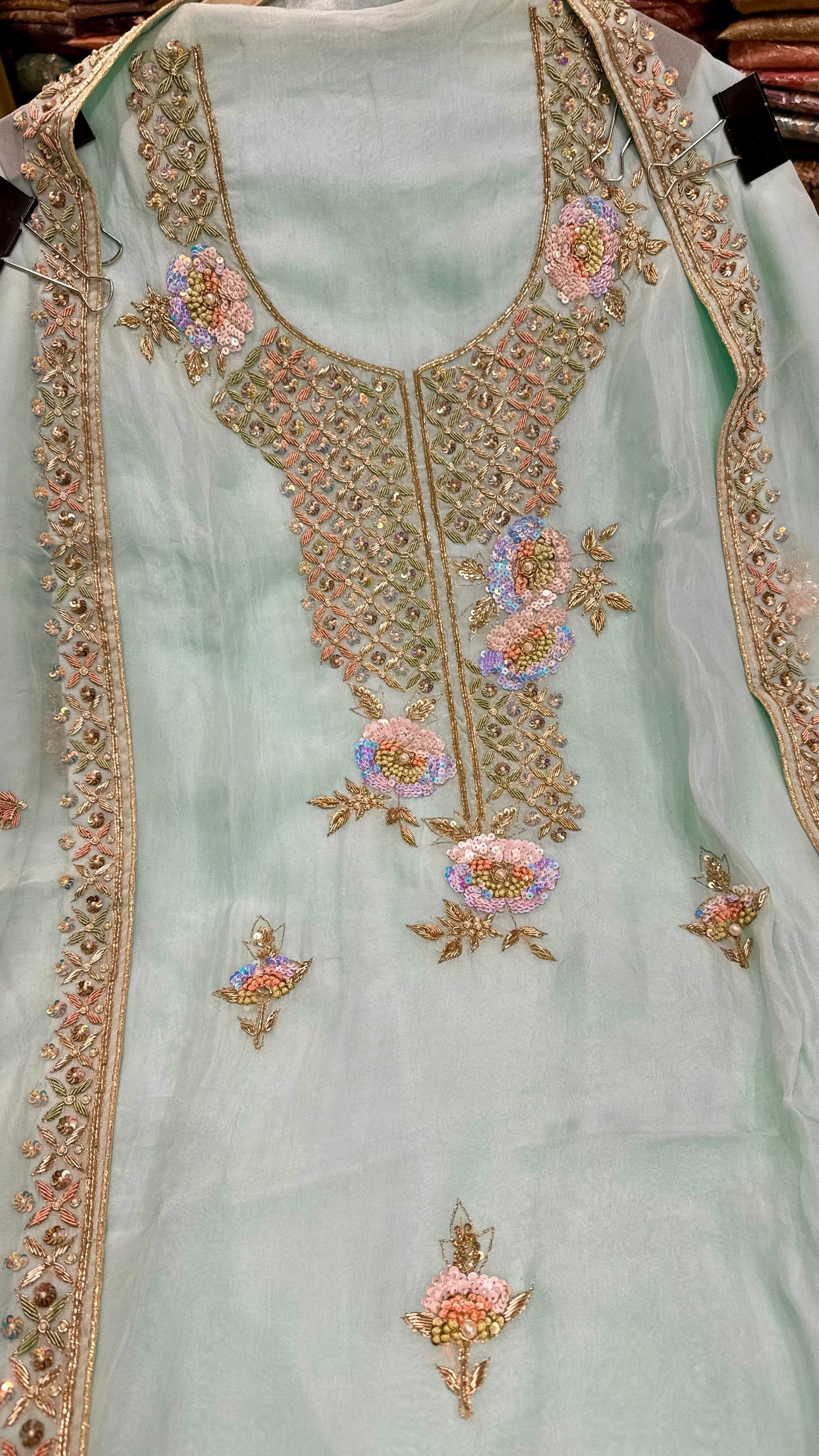 Pastel Mint Luxury Zardozi Embroidered Unstitched Suit in Pure Organza