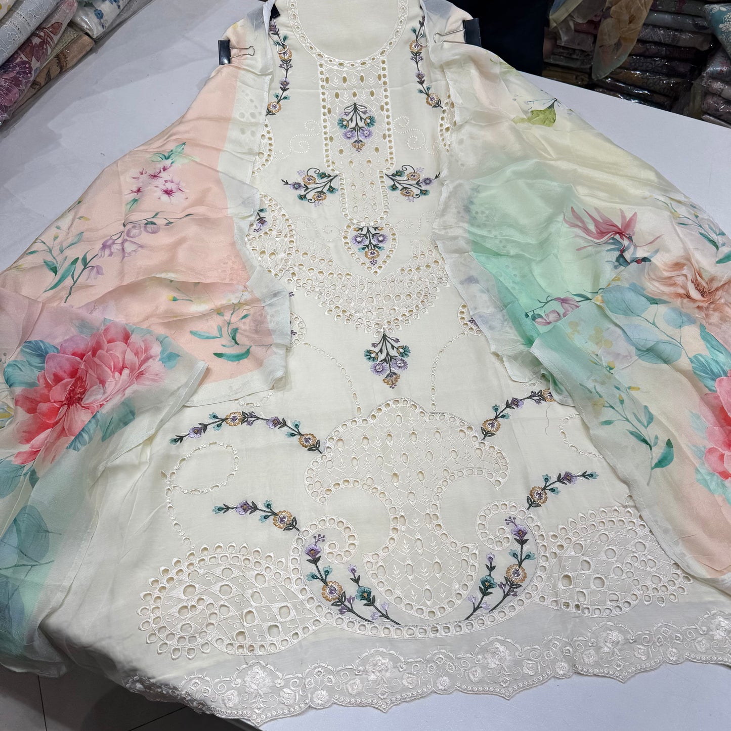 Muslin Pakistani Style thread and crochetwork suit set