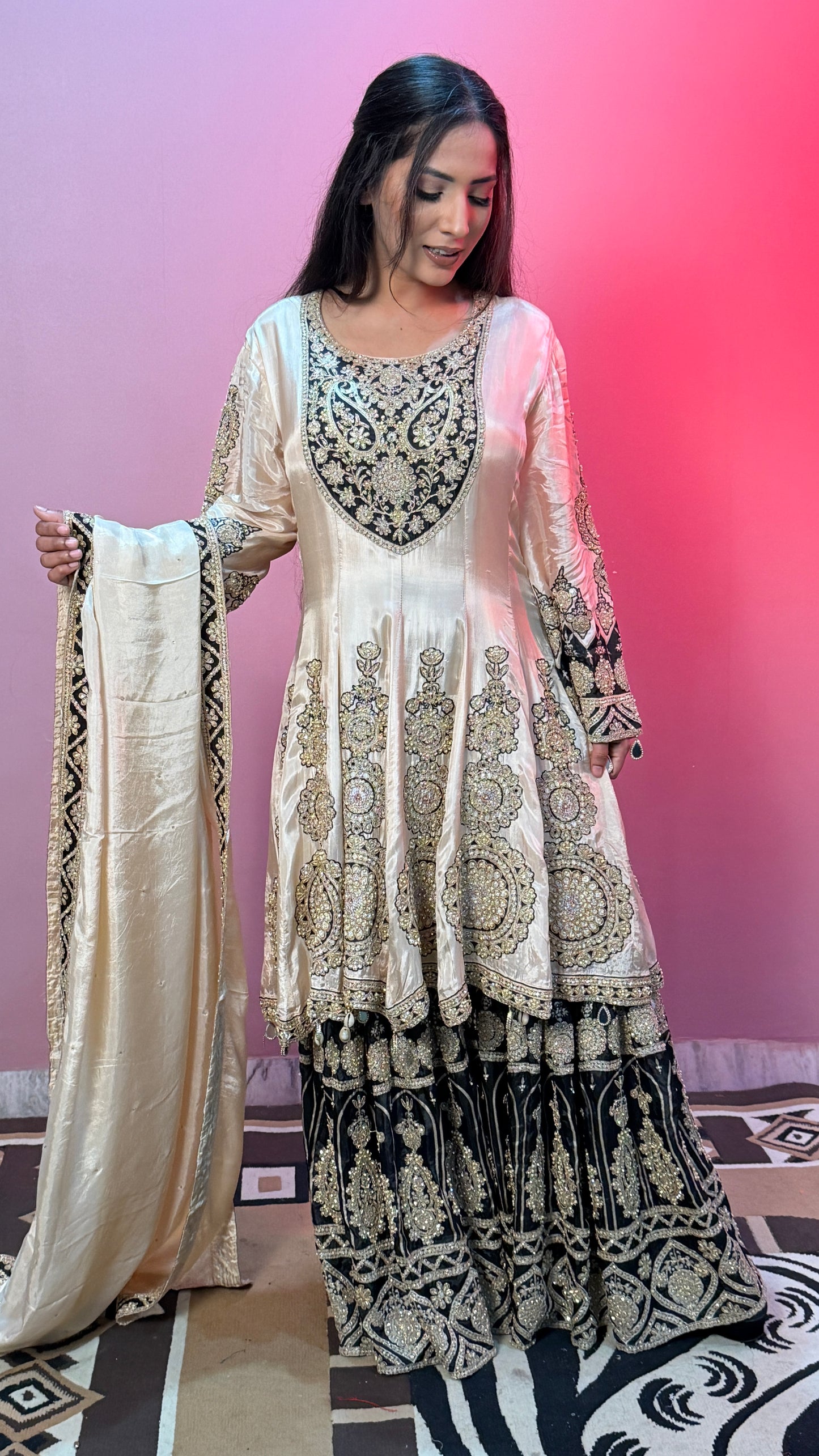 Ivory & Black Pure Crepe Silk Anarkali Gharara Suit with Heavy Embroidery