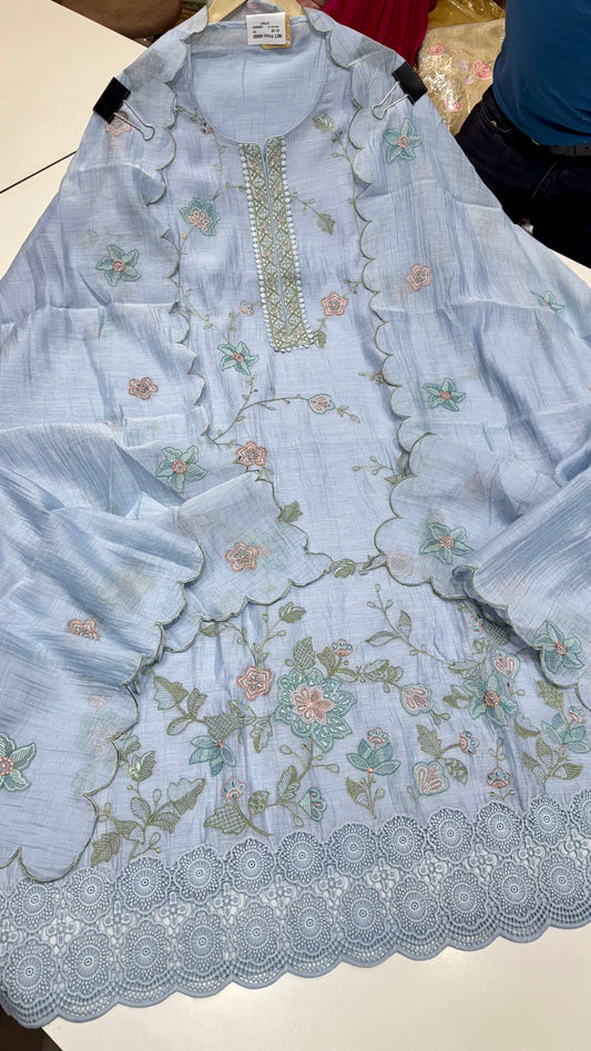 Unstitched Pure Mulmul Thread Embroidered Suit with Designer Cutwork Dupatta & Soft Silk Bottom