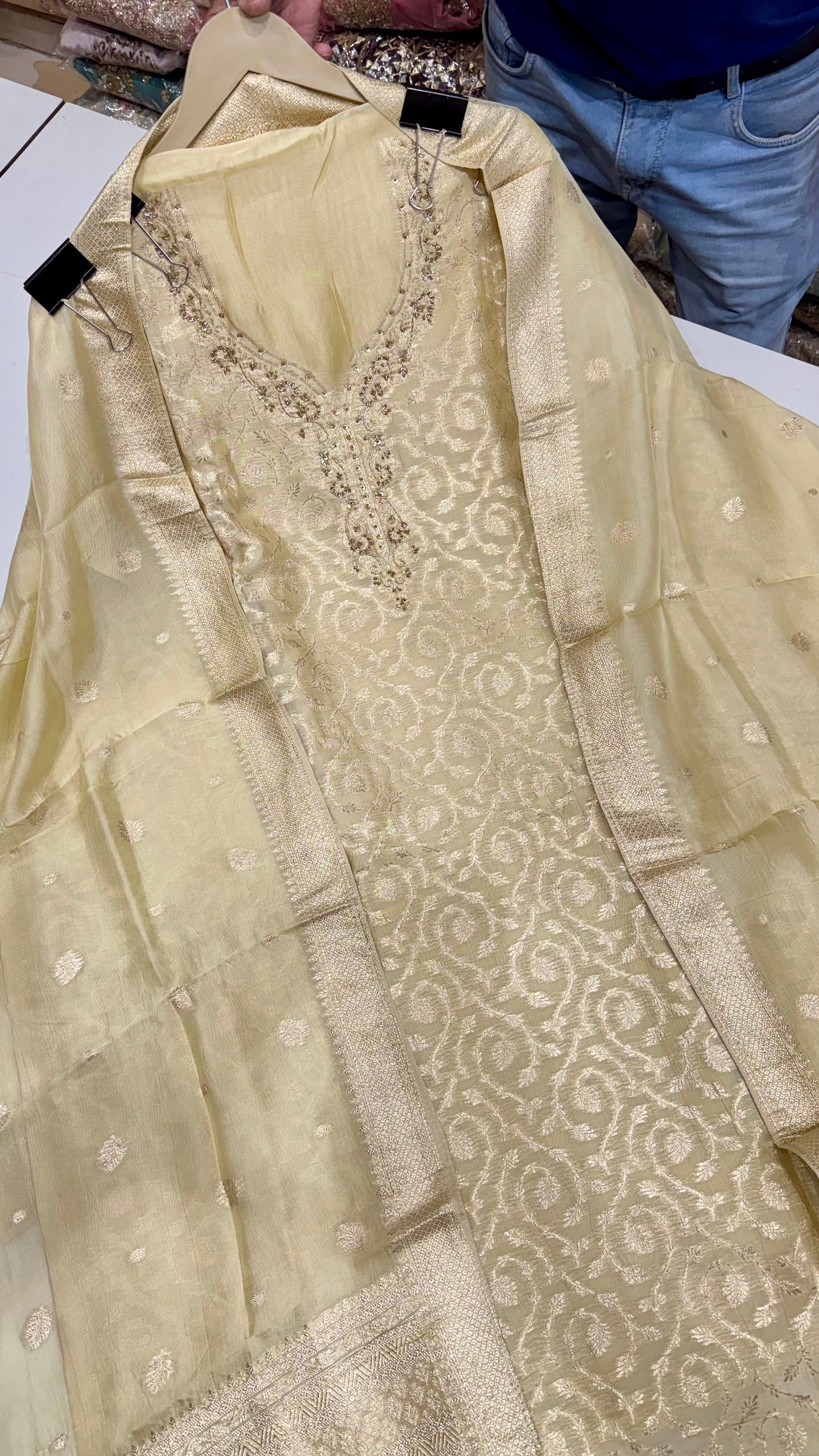 Elegant Banarasi Tissue Unstitched Suit with Dabka Handwork