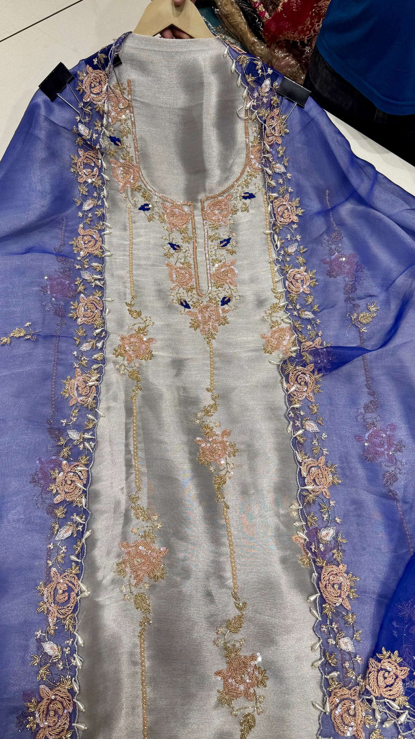Luxury Hand-Embroidered Unstitched Shimmer Tissue Suit with Organza Dupatta