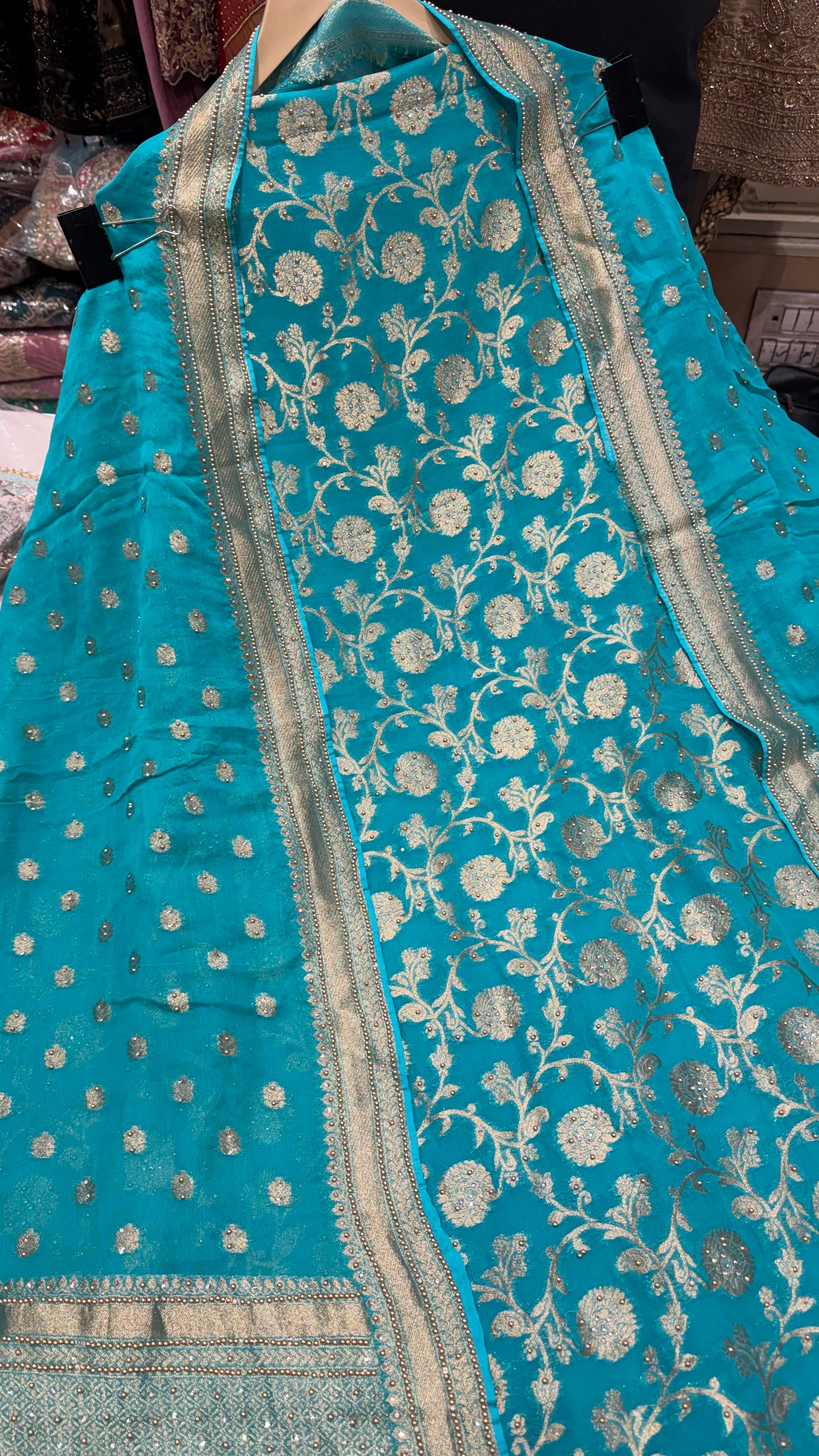 Luxury Unstitched Pure Mysore Georgette Suit | Khaddi Handloom Weaving with Heavy Embroidery Highlight | Designer Daman, Sleeves Work & Handwoven Khadi Dupatta | Festive Wedding Wear