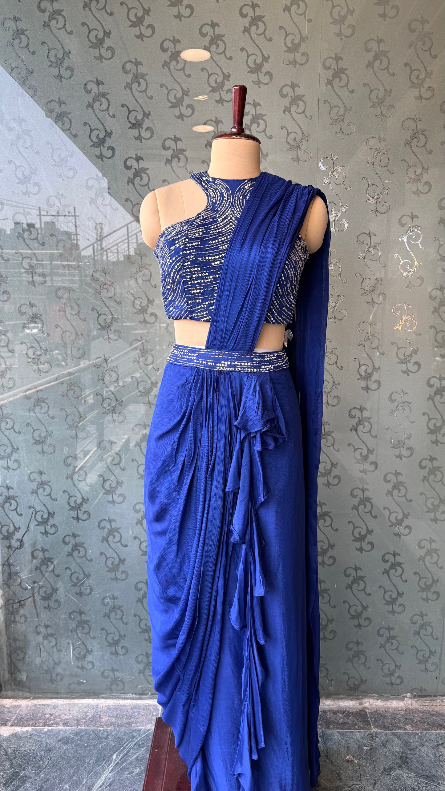 Designer Indo-Western Pre-Draped Saree in Pure Chinon Crepe with Hand-Embroidered Blouse