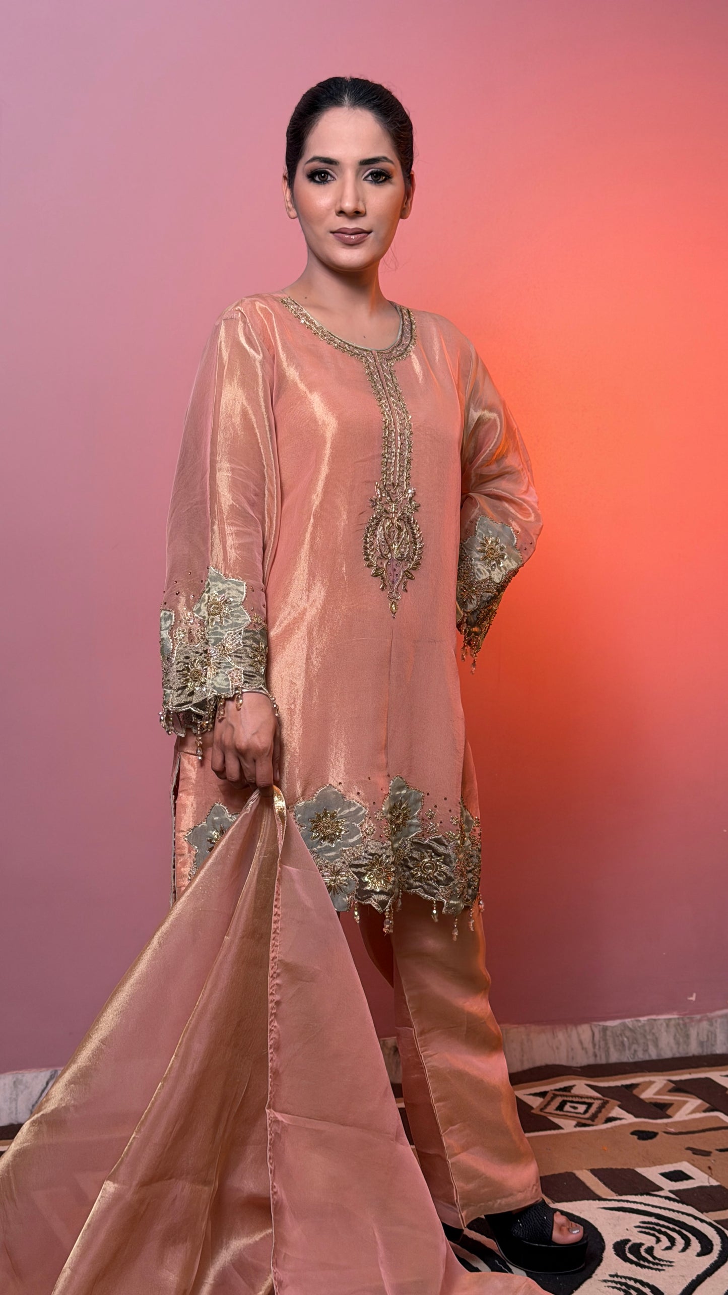 Blush Peach Pure Tissue Handcrafted Zardozi Straight Suit with Pants