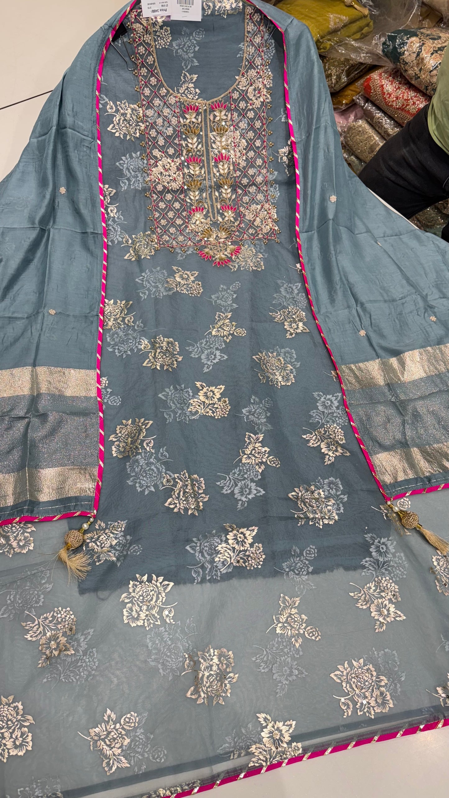 Designer Pure Organza Hand-Embroidered Unstitched Suit with Muslin Dupatta