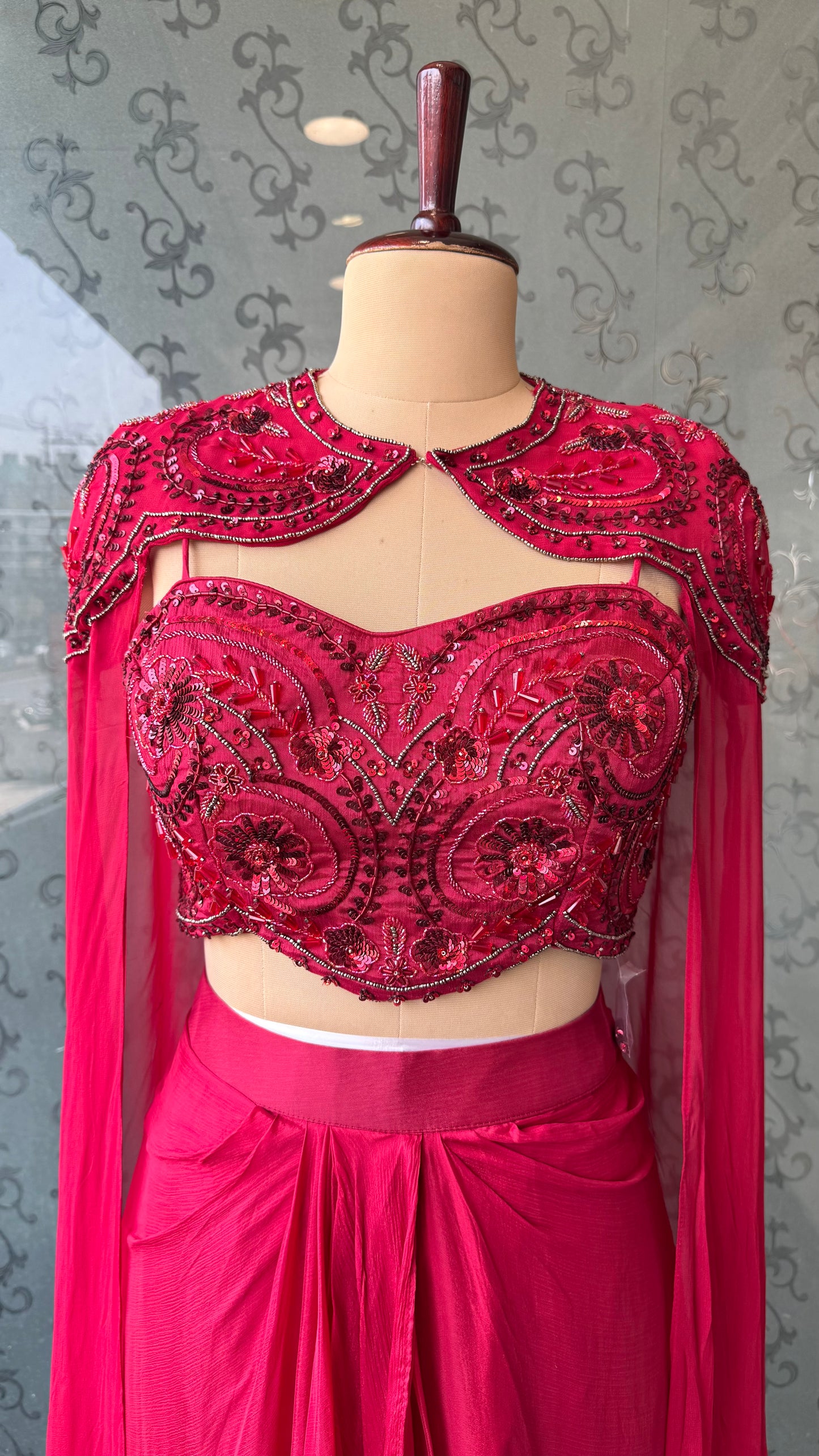 Elegant Indo-Western 3-Piece Chinon Crepe Dress with Hand-Embroidered Choli and Shoulder Shrug