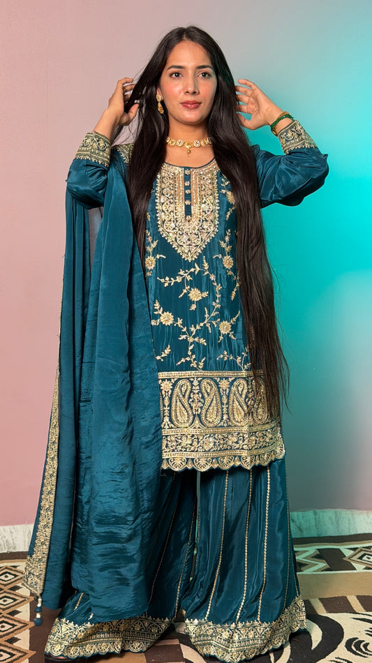 Emerald Elegance Handcrafted Zardozi Sharara Suit Set