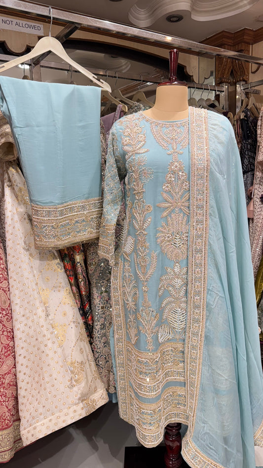 Luxury Readymade Hand Embroidered Organza Pakistani Style Long Suit Set with Embroidered Pants