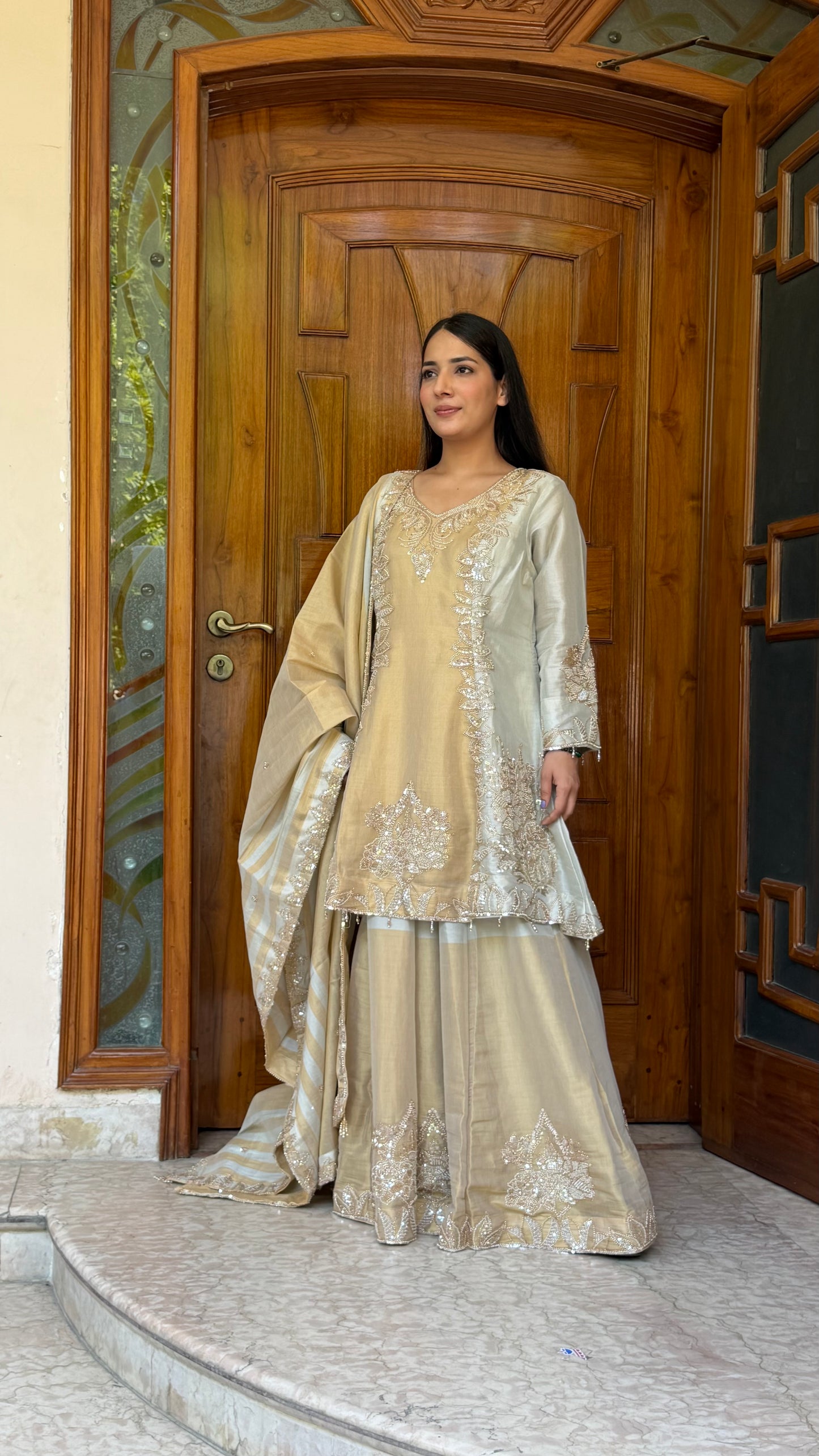 Luxury Pure Tissue Choga Style Sharara Suit with Hand Embroidery | Designer Readymade Party Wear Sharara Set