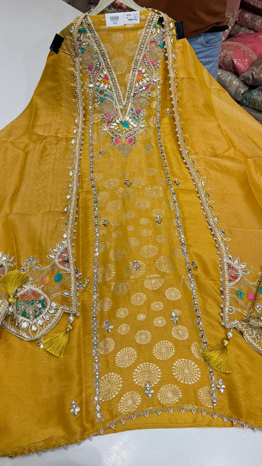 Elegant Pure Banarasi Tissue Unstitched Suit with Hand-Embroidered Gota Patti & Multithread Work