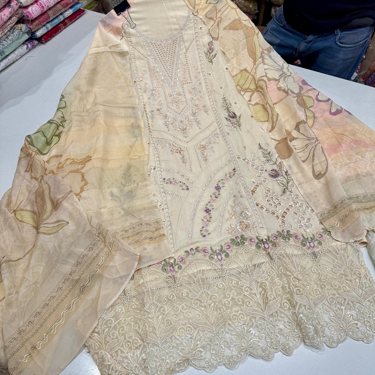 Muslin Pakistani Suit with Embroidered Chinon Dupatta & Soft Silk Bottom (2.5 Meter)