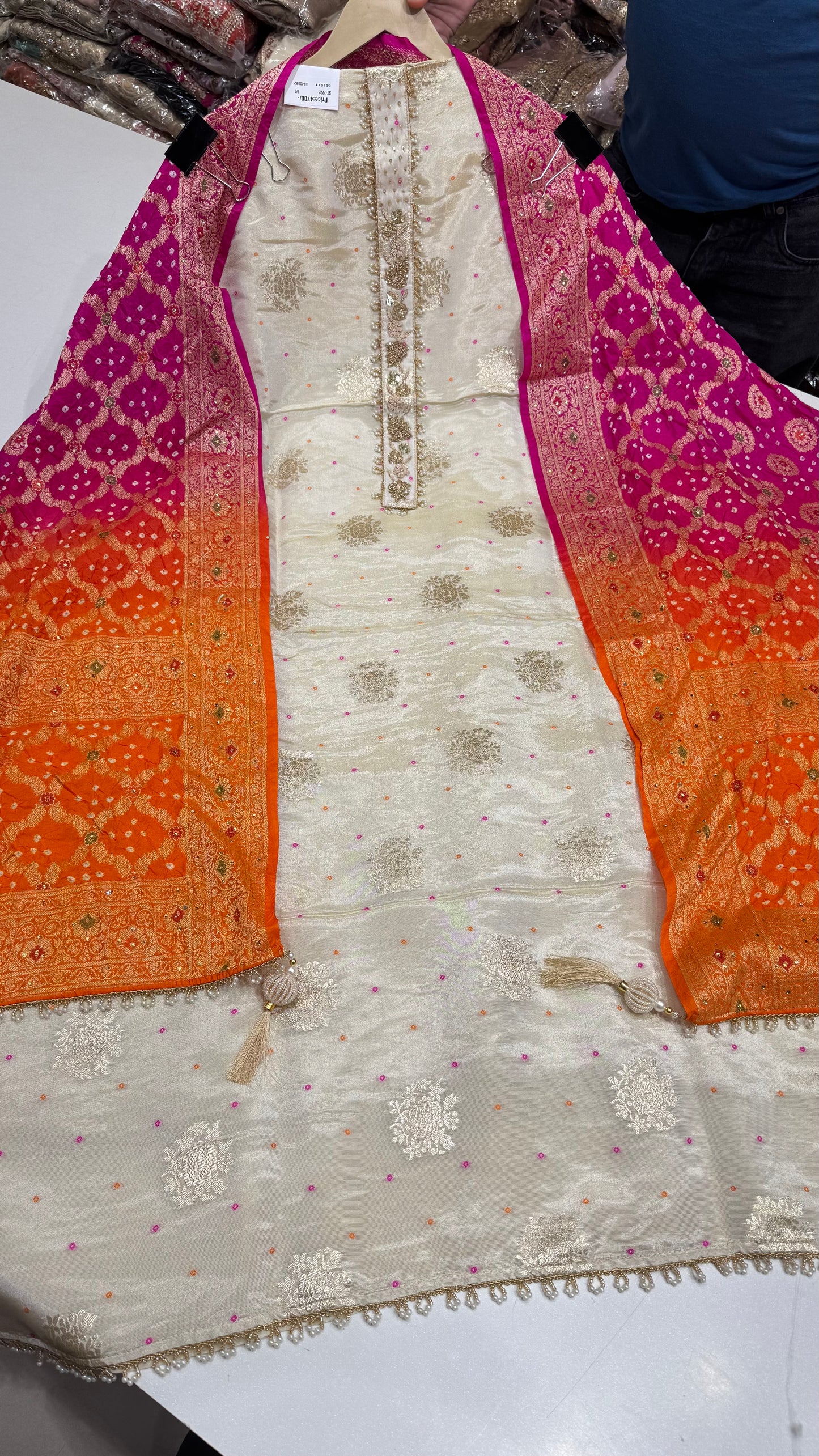 Regal Banarsi Tissue Unstitched Suit with Bhandej Dupatta & Hand Embroidered Neck