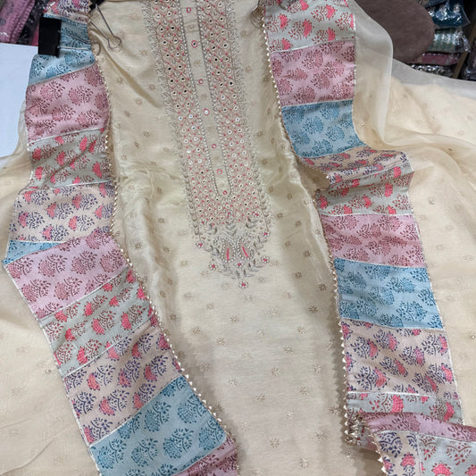 Banarsi silk handwork neckline orgenza dupatta suit set