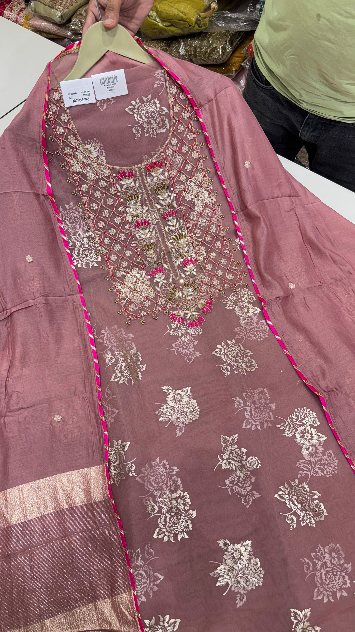 Designer Pure Organza Hand-Embroidered Unstitched Suit with Muslin Dupatta