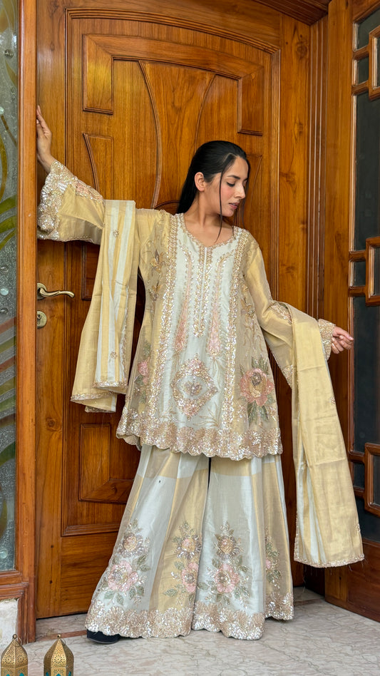 Pastel Gold A-Line Pakistani Tissue Sharara Suit Set with Hand Nakashi Work