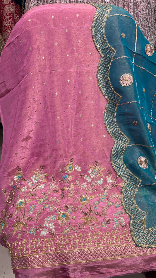 ✨ Royal Dual Tone Pure Tissue Handworked Unstitched Suit Set