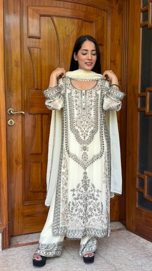 Long Pakistani Georgette Pants Suit with Hand Beads Work