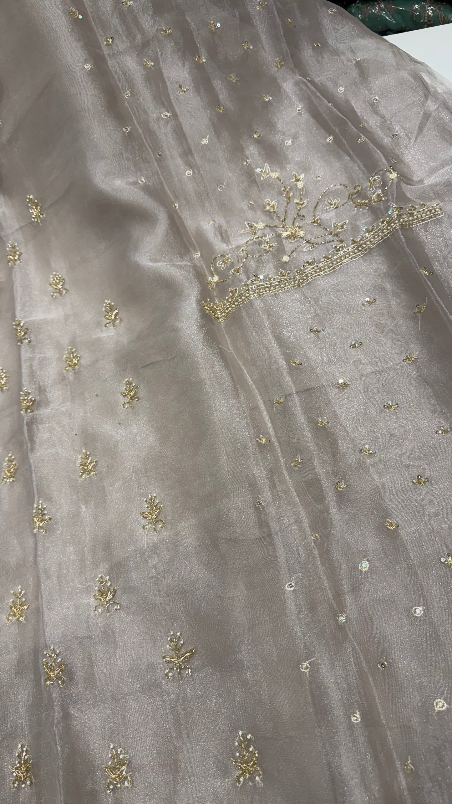 Luxury Unstitched Pure Glass Organza Hand Embroidered Suit with Nakshi, Pearls & Cutdana Work | Premium Designer Wedding & Party Wear Dress Material