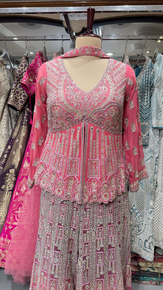 Regal Indo-Western Georgette Sharara Set – Heavily Embroidered Front-Cut Choli with Statement Flair