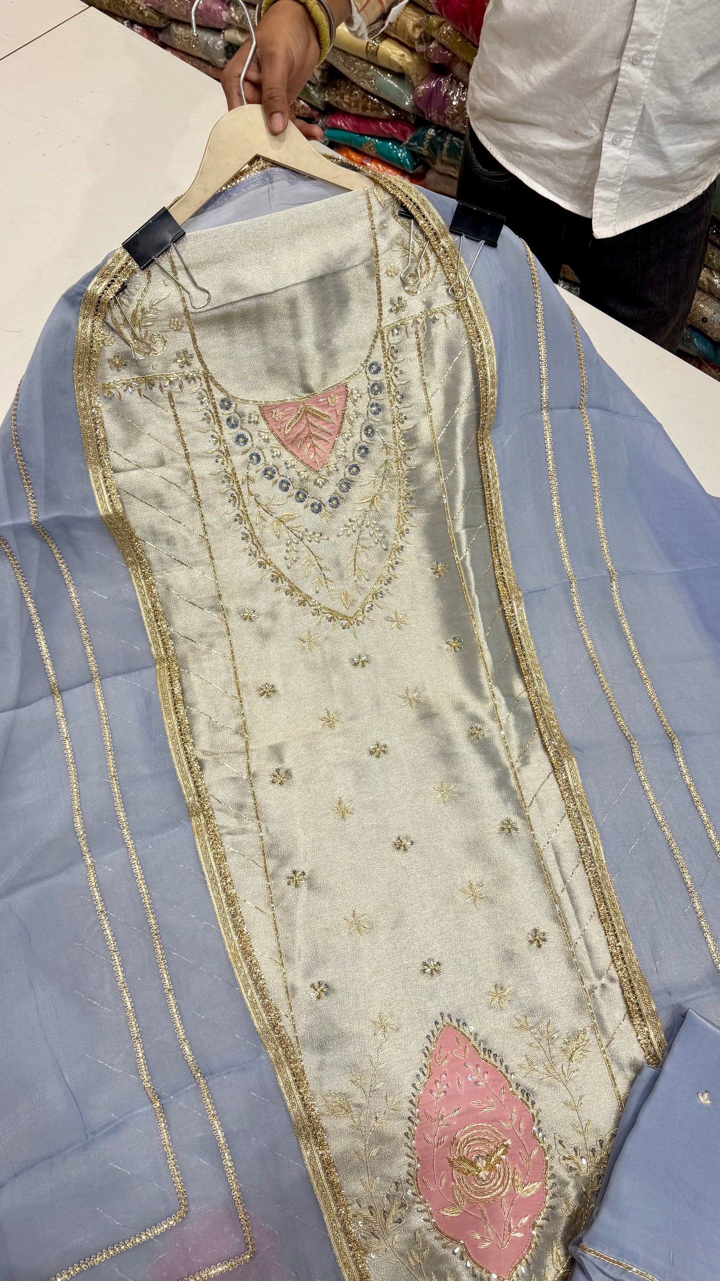 Designer Pure Shimmer Silk Unstitched Suit with Zardozi Handwork & Organza Dupatta