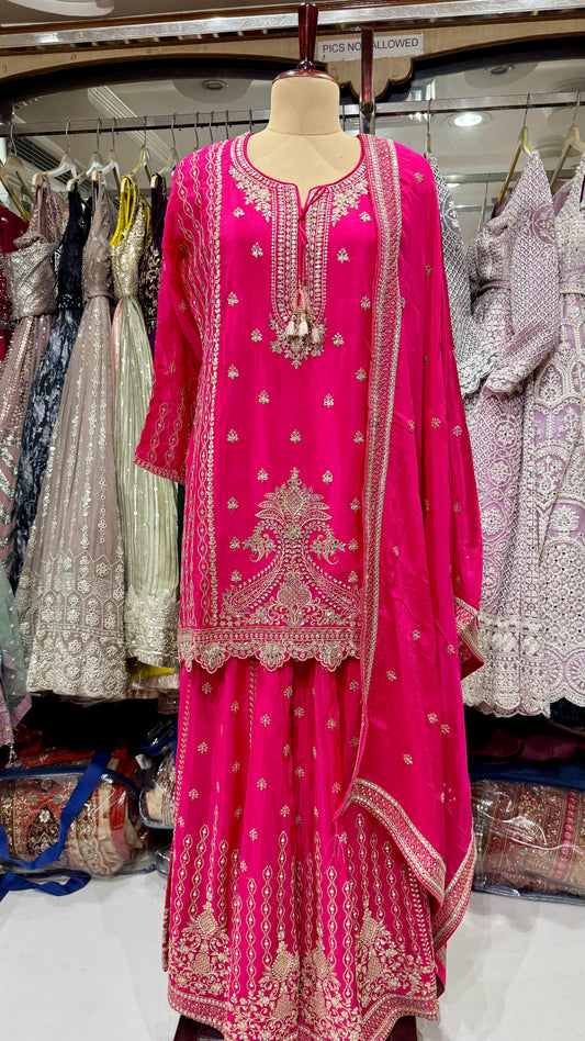 Mazenta pink chinon sharara set