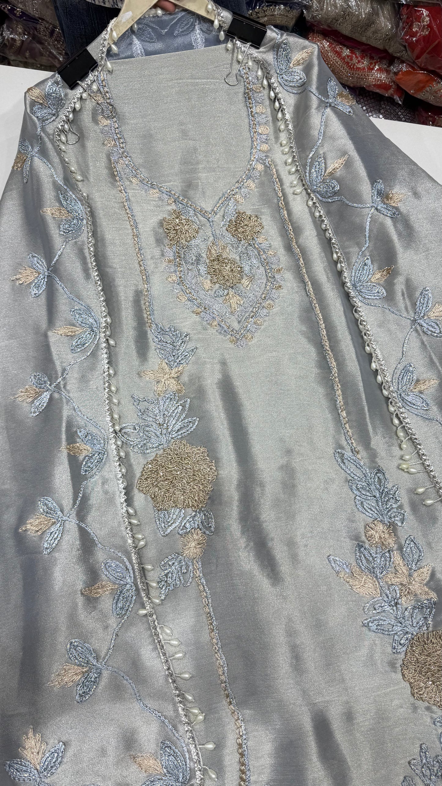 Luxury Shimmer Jiraf Silk Handworked Unstitched Suit Set