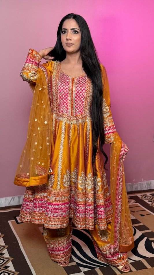 Pure Silk Embroidered Anarkali with Farshi Salwar Suit – Readymade (Free Size Up to 42” Bust)