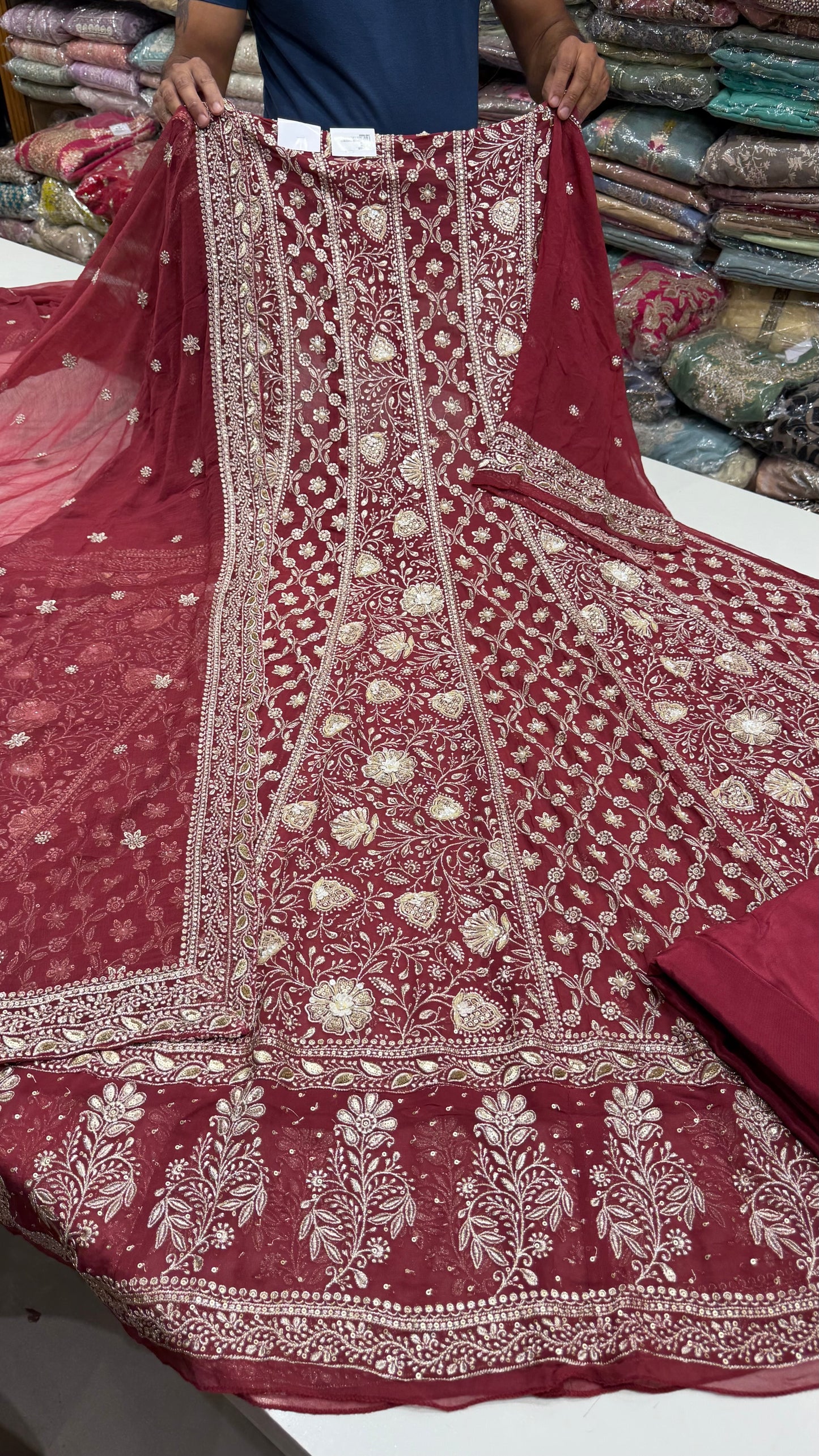 Luxury Unstitched Pure Georgette Zari Lakhnavi Anarkali Suit with Resham, Sequin & Pearl Handwork | Designer Wedding & Party Wear Suit