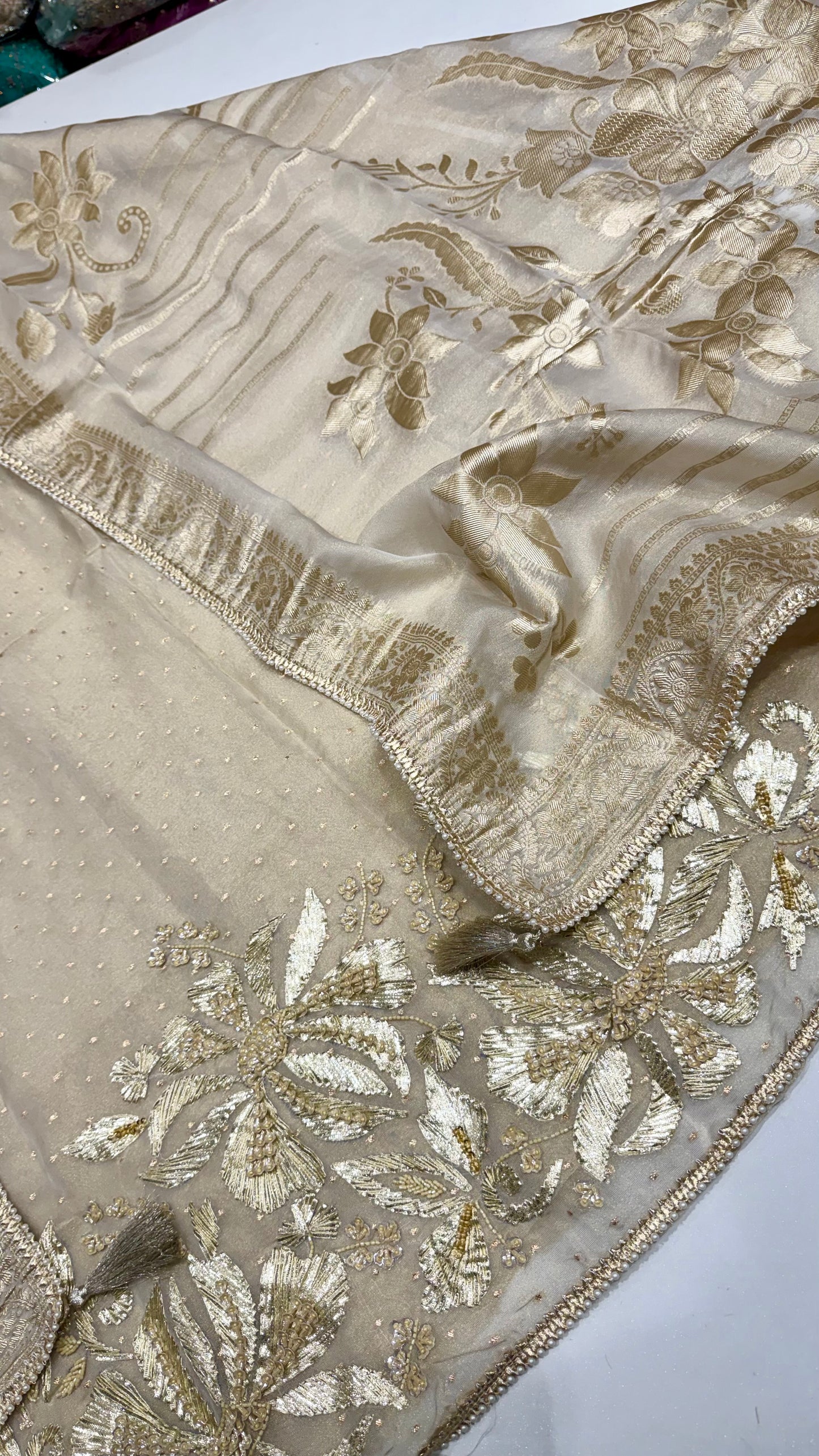 Elegant Banarasi Tissue Hand Embroidered Unstitched Suit with Kantha Work