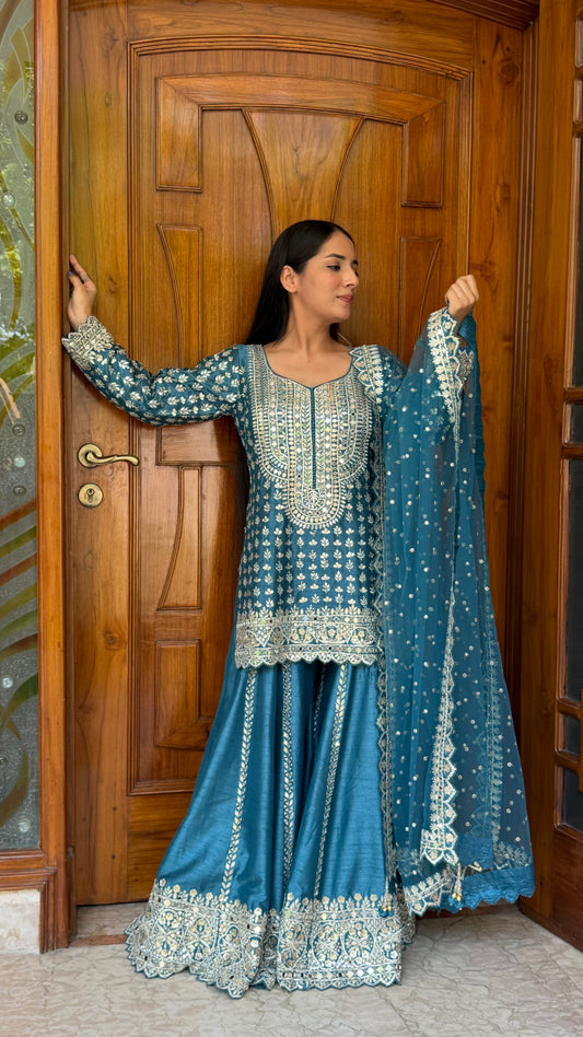 Azure Blue Raw Silk Readymade Sharara Suit with Hand Embroidered Gotta Patti Work