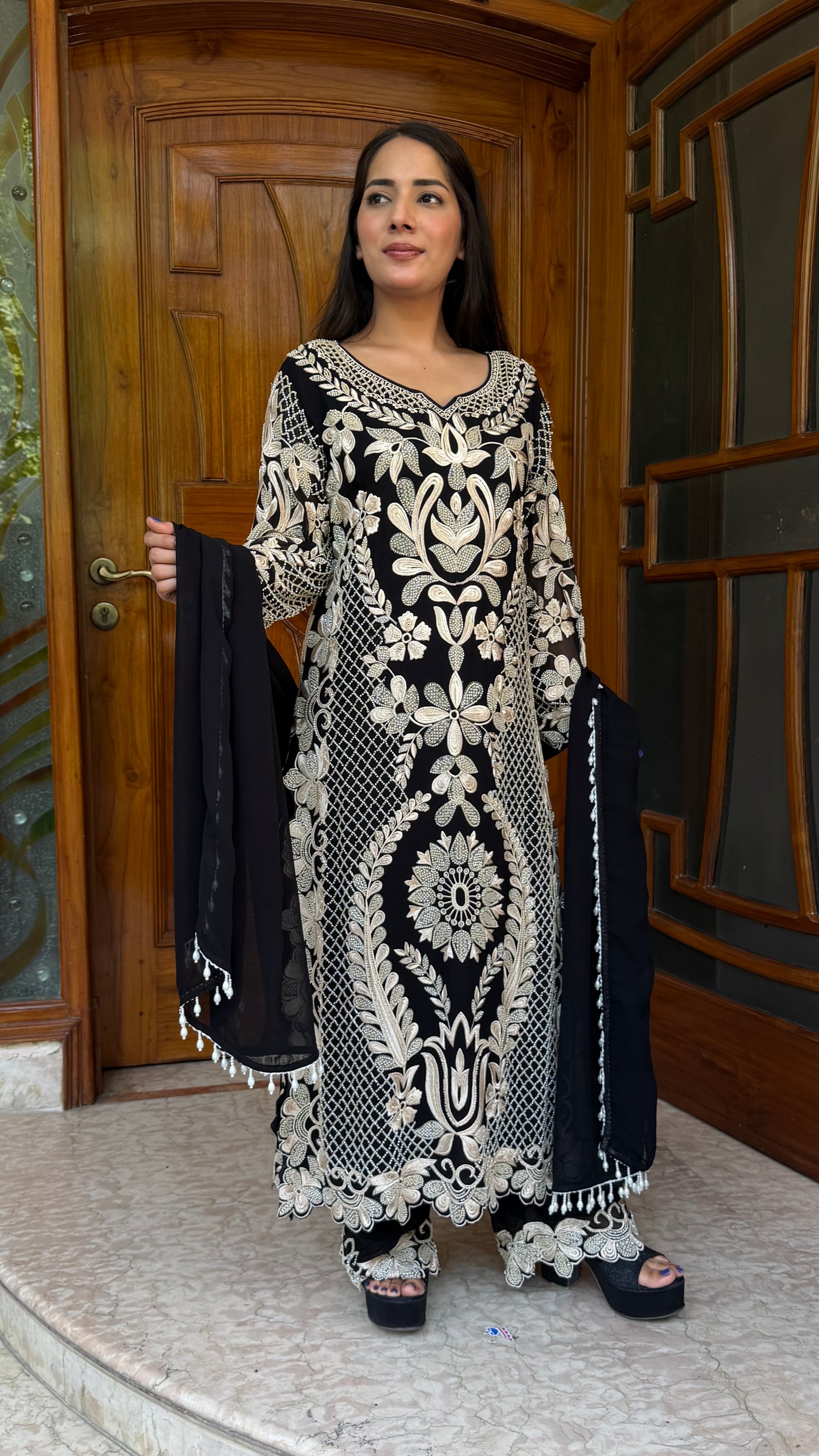 Long Pakistani Georgette Pants Suit with Hand Beads Work