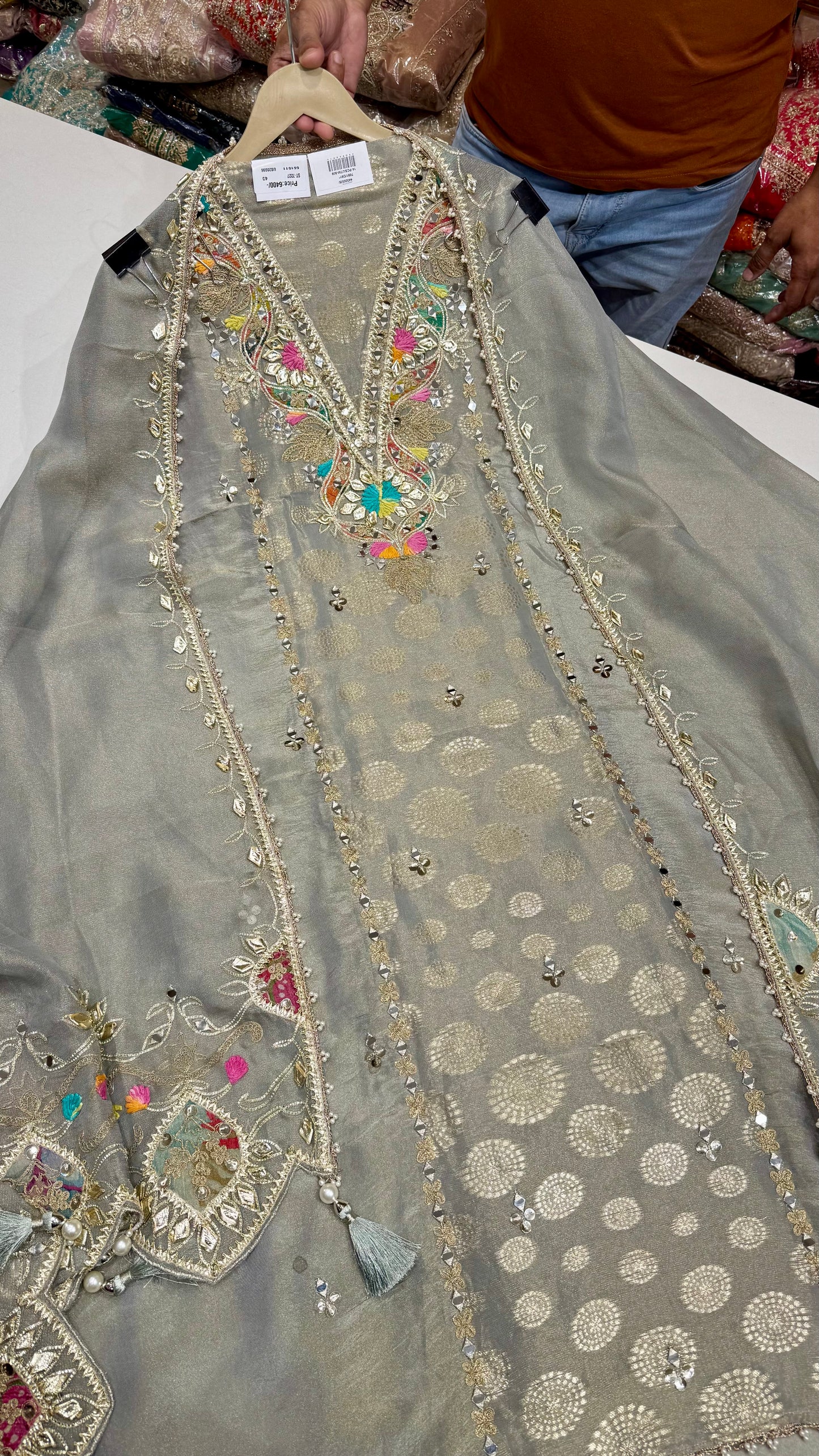 Elegant Pure Banarasi Tissue Unstitched Suit with Hand-Embroidered Gota Patti & Multithread Work