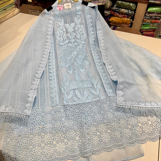 Luxury Pakistani Organza Appliqué Work Suit with Designer Border Dupatta & Pure Silk 2.5m Bottom