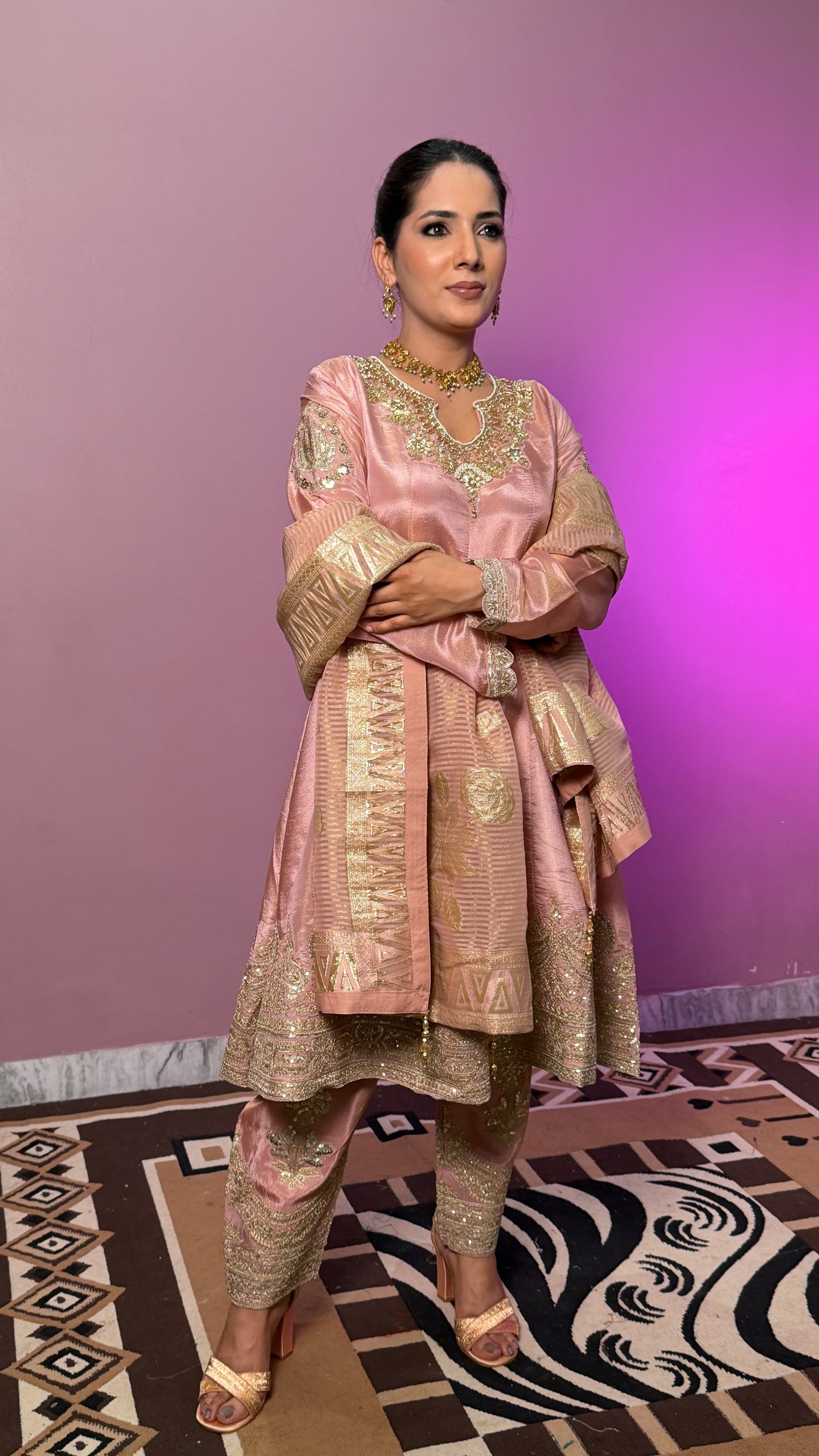 Blush Peach Tissue Anarkali Suit with Banarasi Dupatta