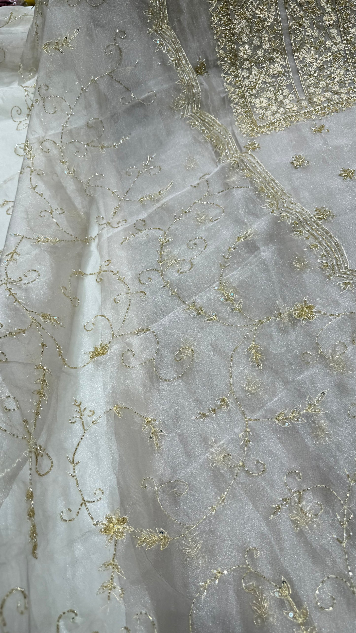 Luxury Unstitched Pure Glass Organza Hand Embroidered Suit with Nakshi, Pearls & Cutdana Work | Premium Designer Wedding & Party Wear Dress Material