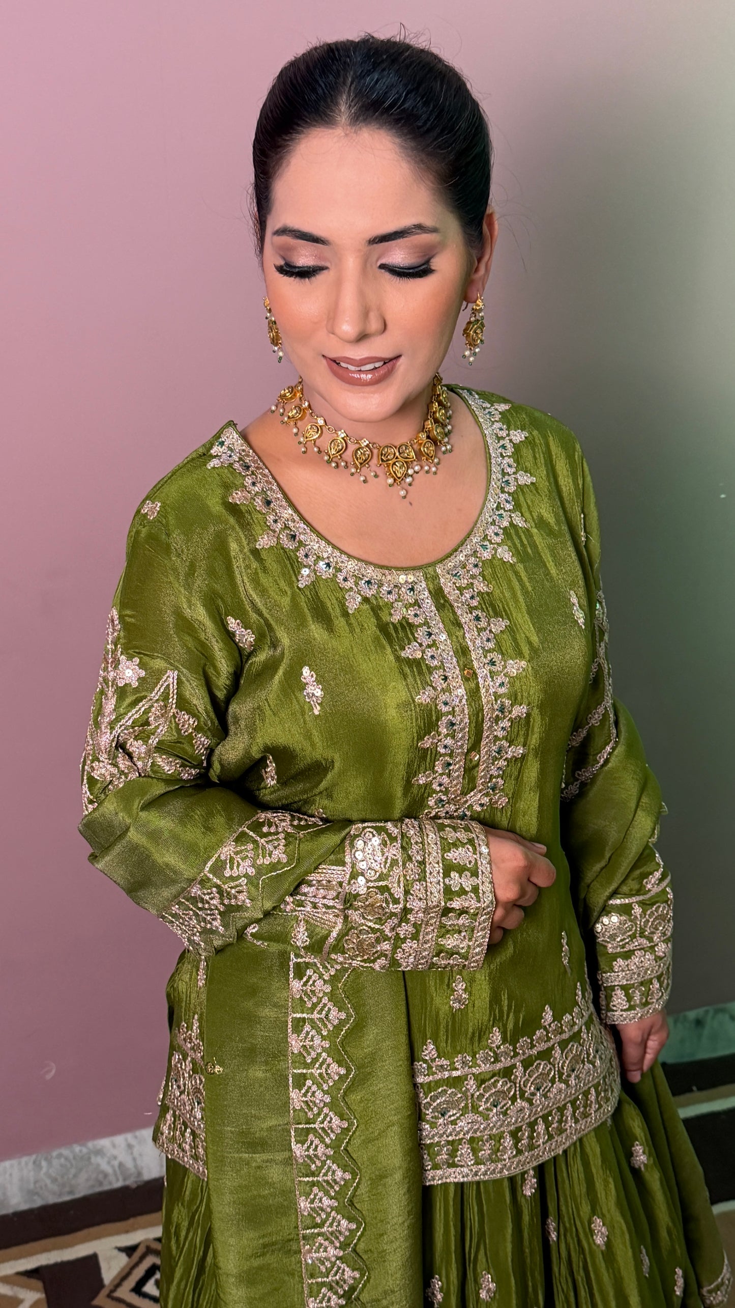 Olive Green Pure Tissue Designer Lehenga Suit with Embroidered Dupatta
