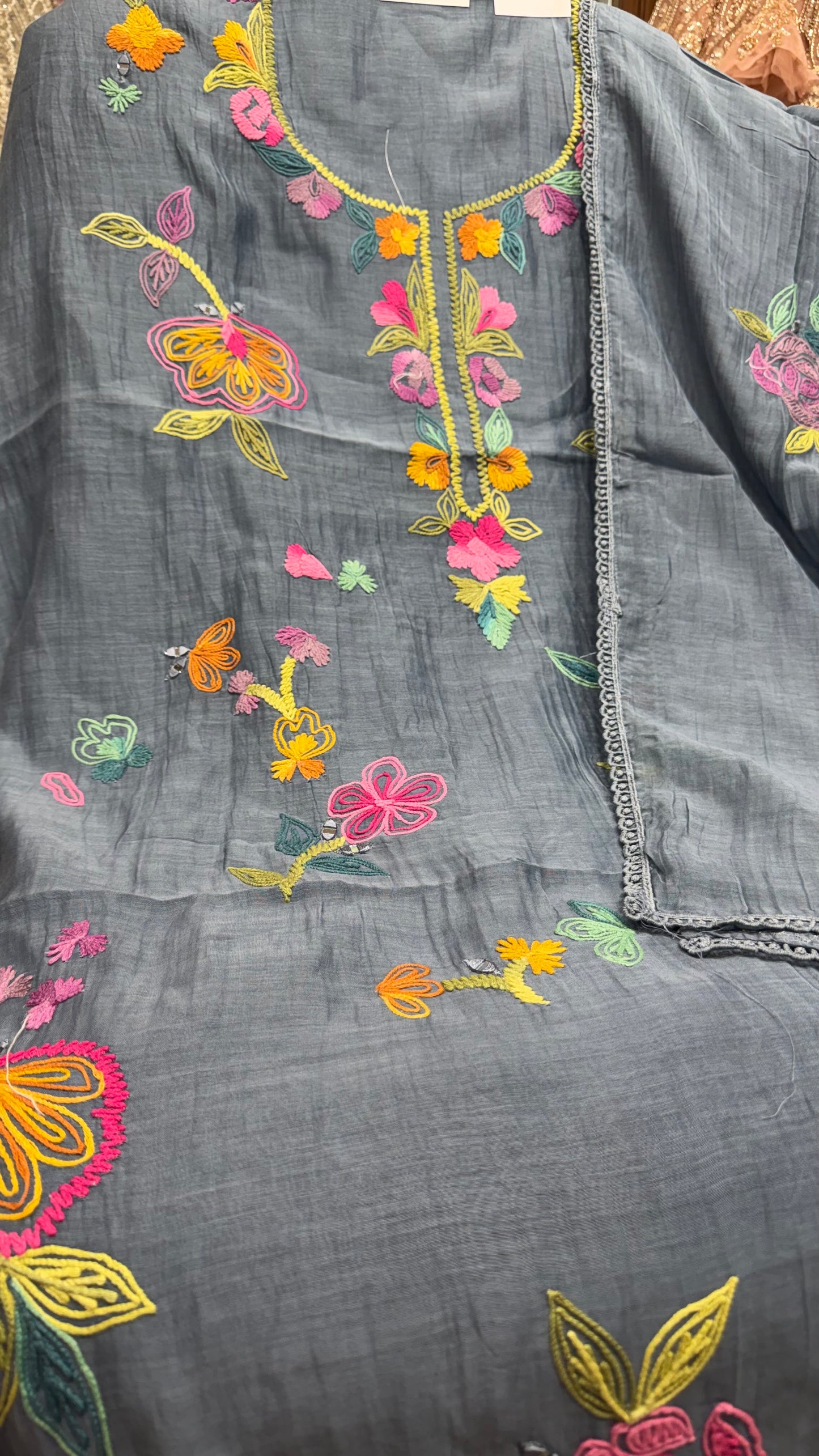 Elegant Pure Mul Cotton Unstitched Suit with Parsi Multithread Embroidery & Mul Dupatta