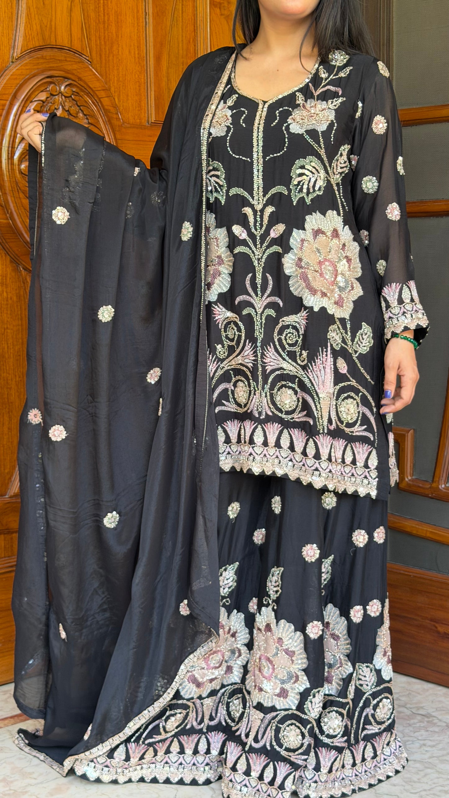 Elegance Chinon Sharara Suit Set with Hand Nakashi Embroidery