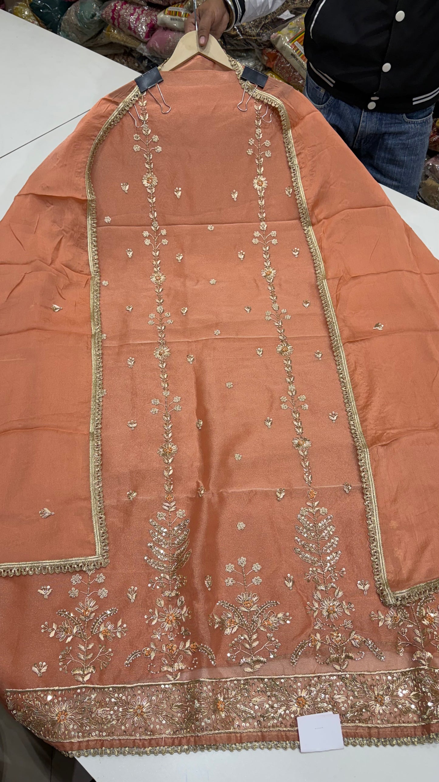 Pure Shimmer Tissue Zardozi Handwork Unstitched Suit Set